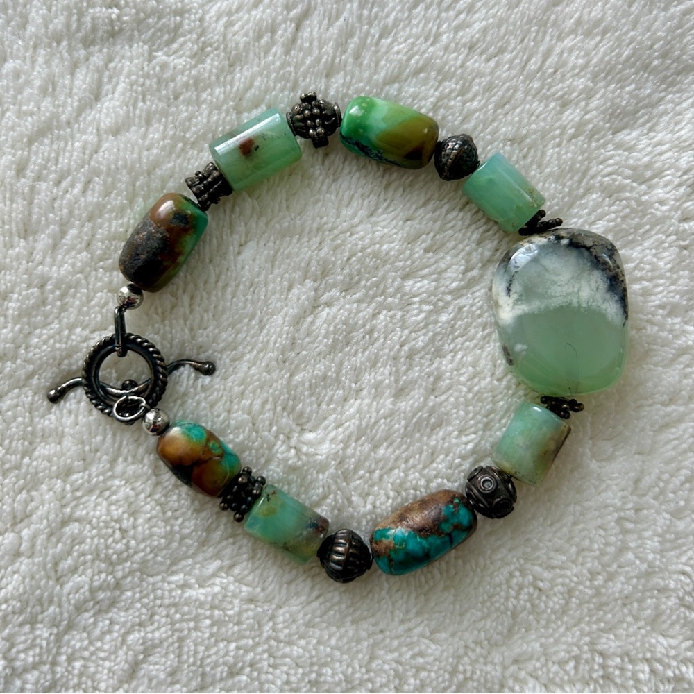 Turquoise, Silver, Chrysoprase Beaded Bracelet